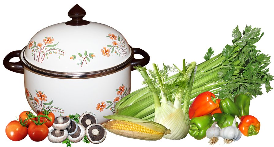 Enamel pot and fresh vegetables from the bar kitchen